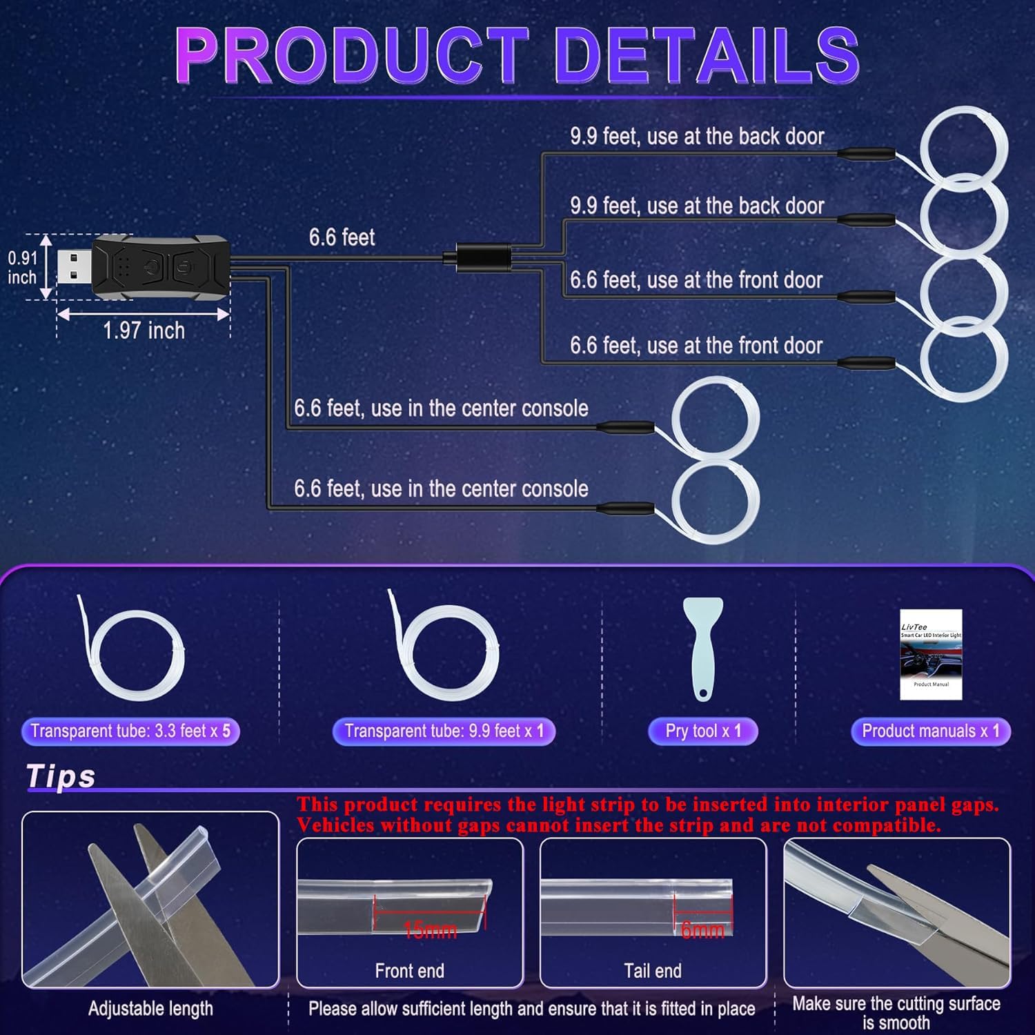 LivTee Smart LED Car Lights Interior with USB Port, LED Strip Fiber Optic Ambient Lighting Car, Wireless App Control, Sync to Music, Car Decorations Interior Accessories Gifts for Women Men, 6 in 1